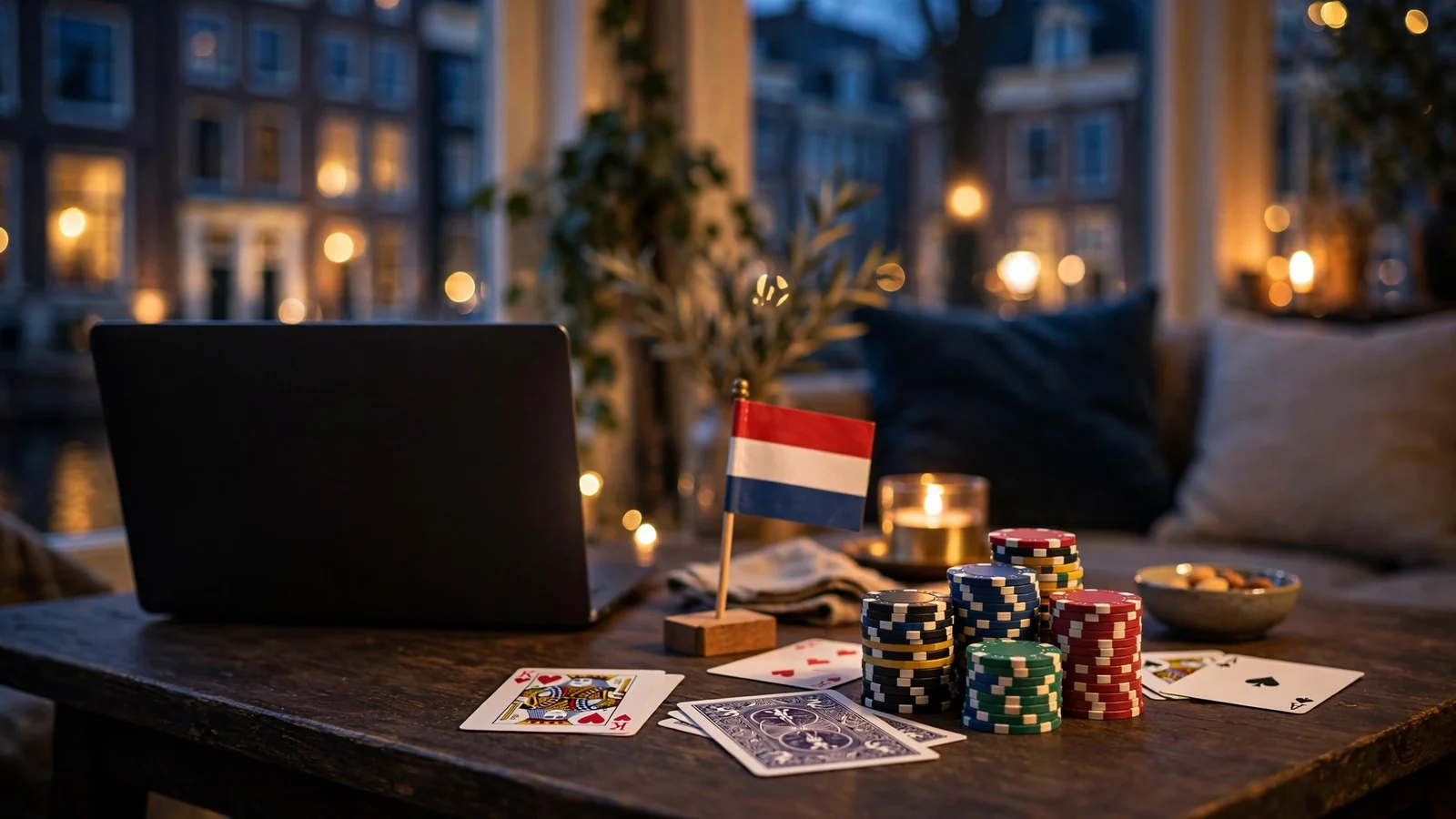 Casinochips en speelkaarten op tafel in een warm Amsterdamse sfeer