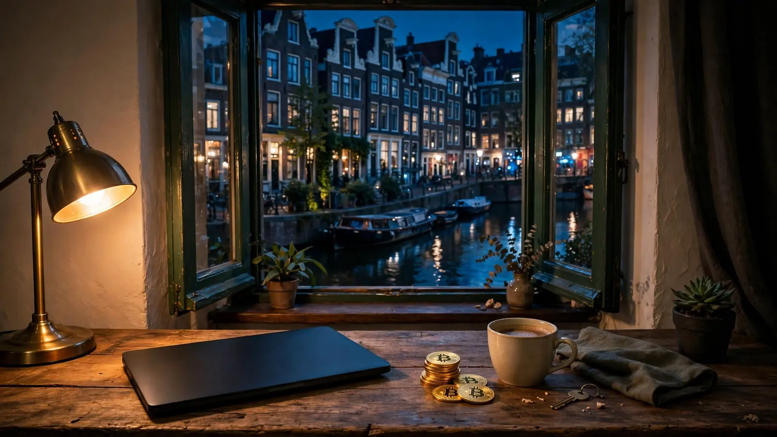Amsterdamse grachtenwoning met gesloten laptop en bitcoin munten