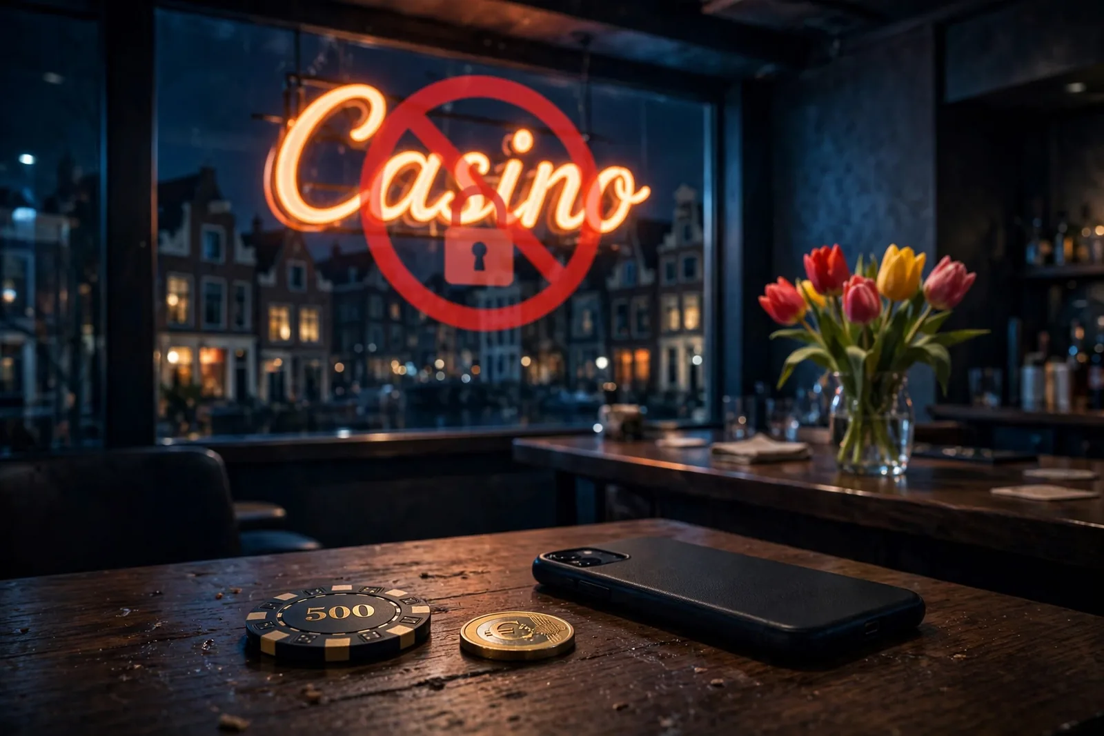 Sfeer van een Nederlands casino met een verbodsbord en chip op tafel
