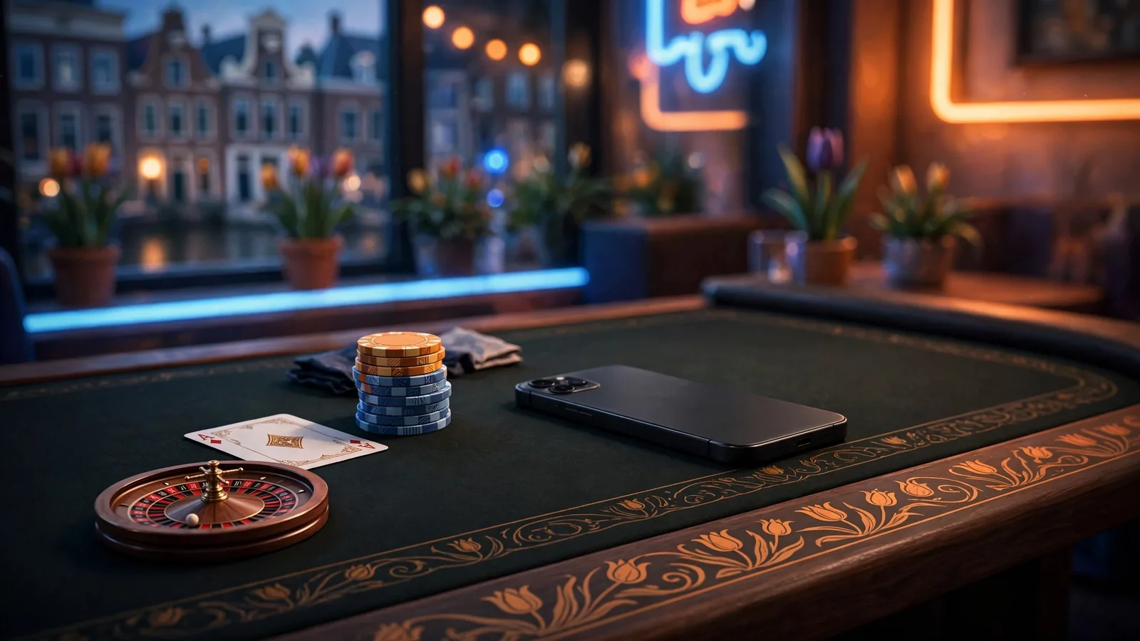 Smartphone met casinofiches en roulettewiel op een tafel