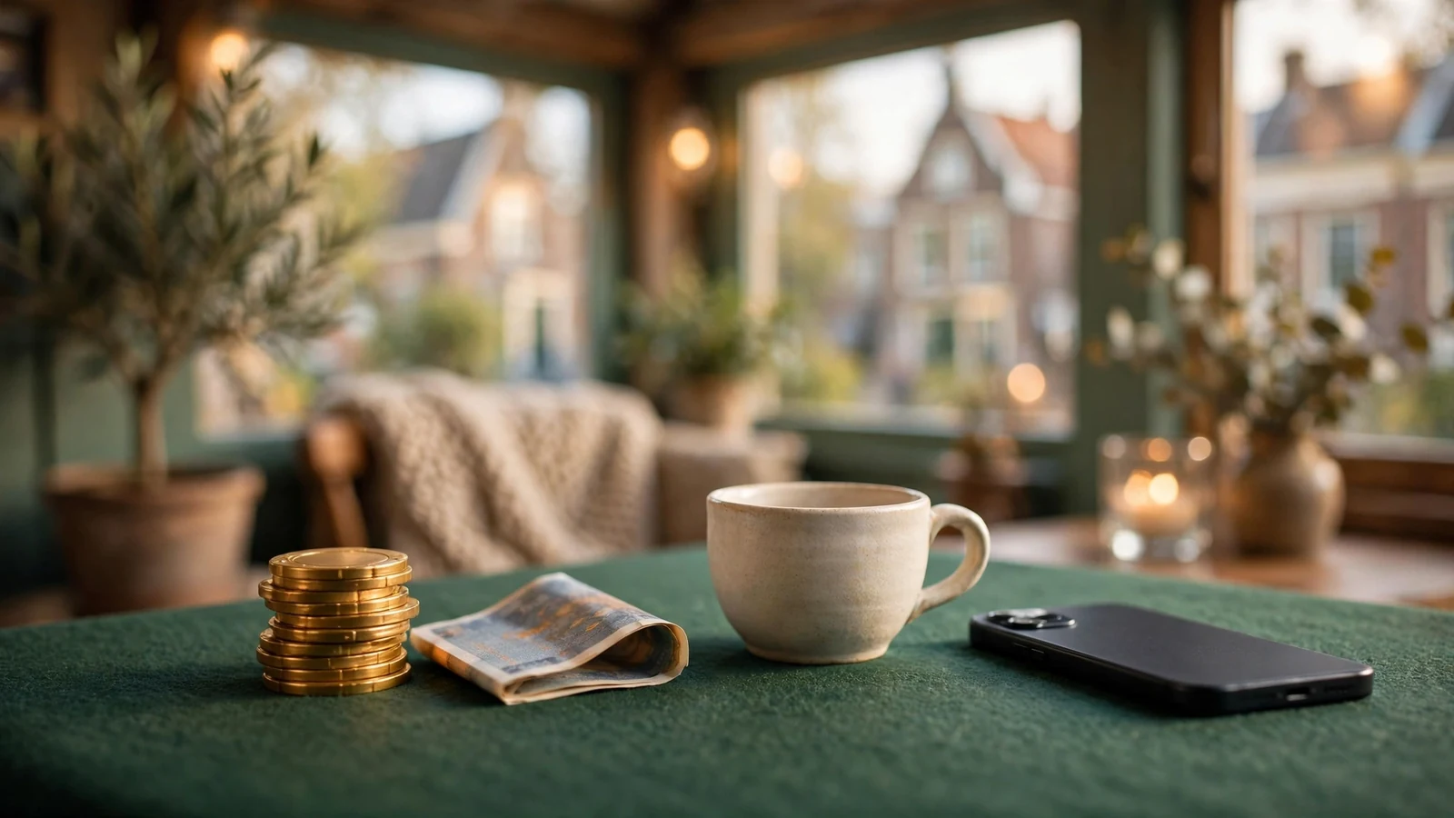 Casino chips en een tientje op een groene tafel