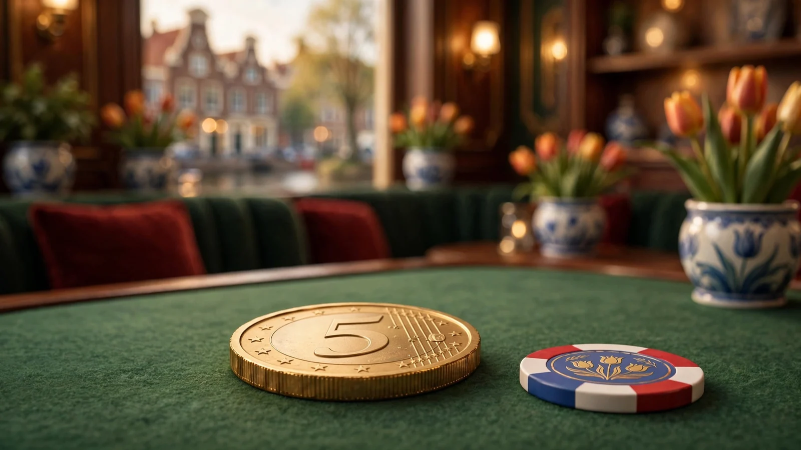 Gouden 5 euromunt op een casinotafel met Nederlandse accenten
