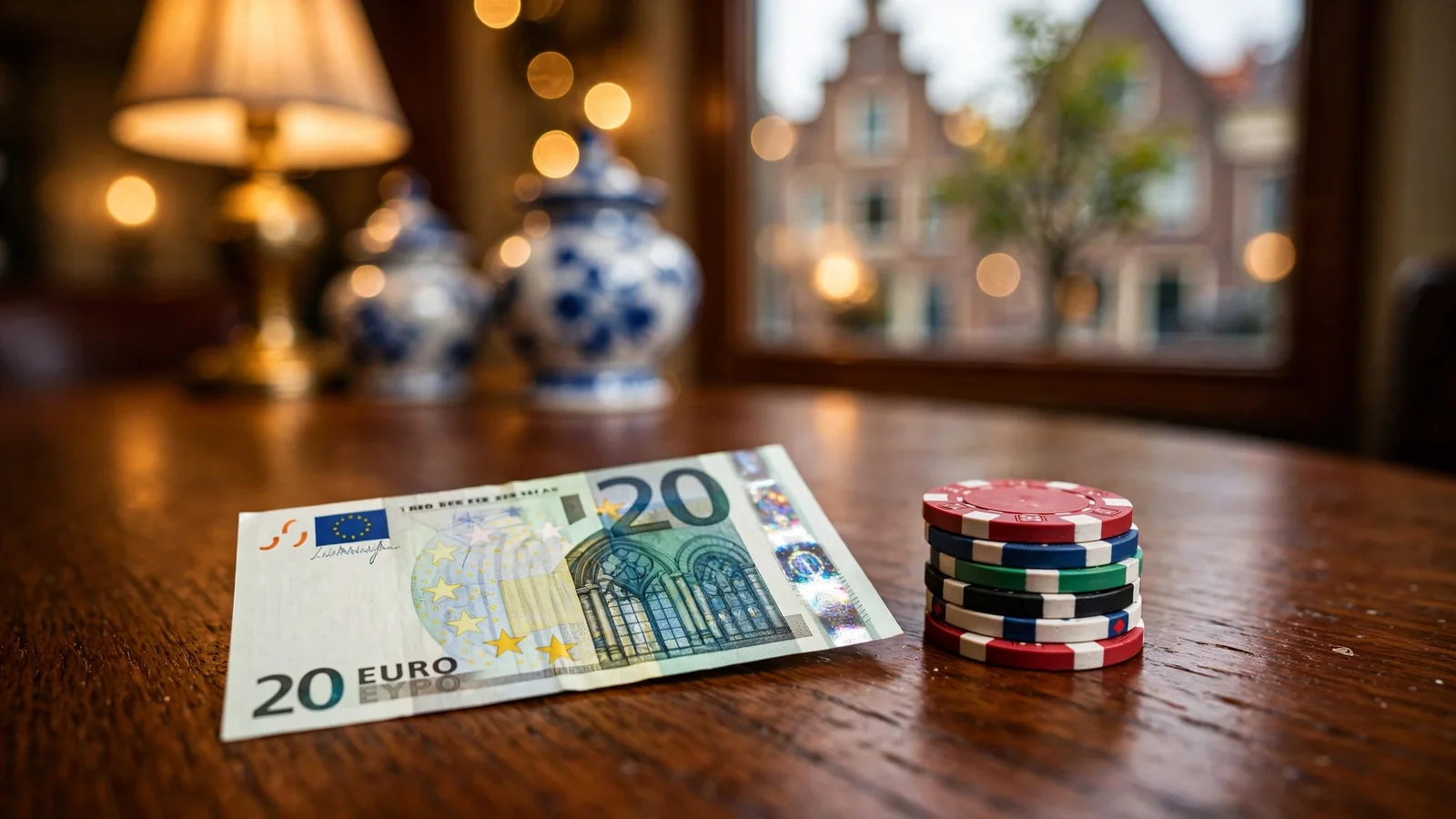 Twintig euro biljet en casinofiches op een houten tafel in een Nederlands interieur.