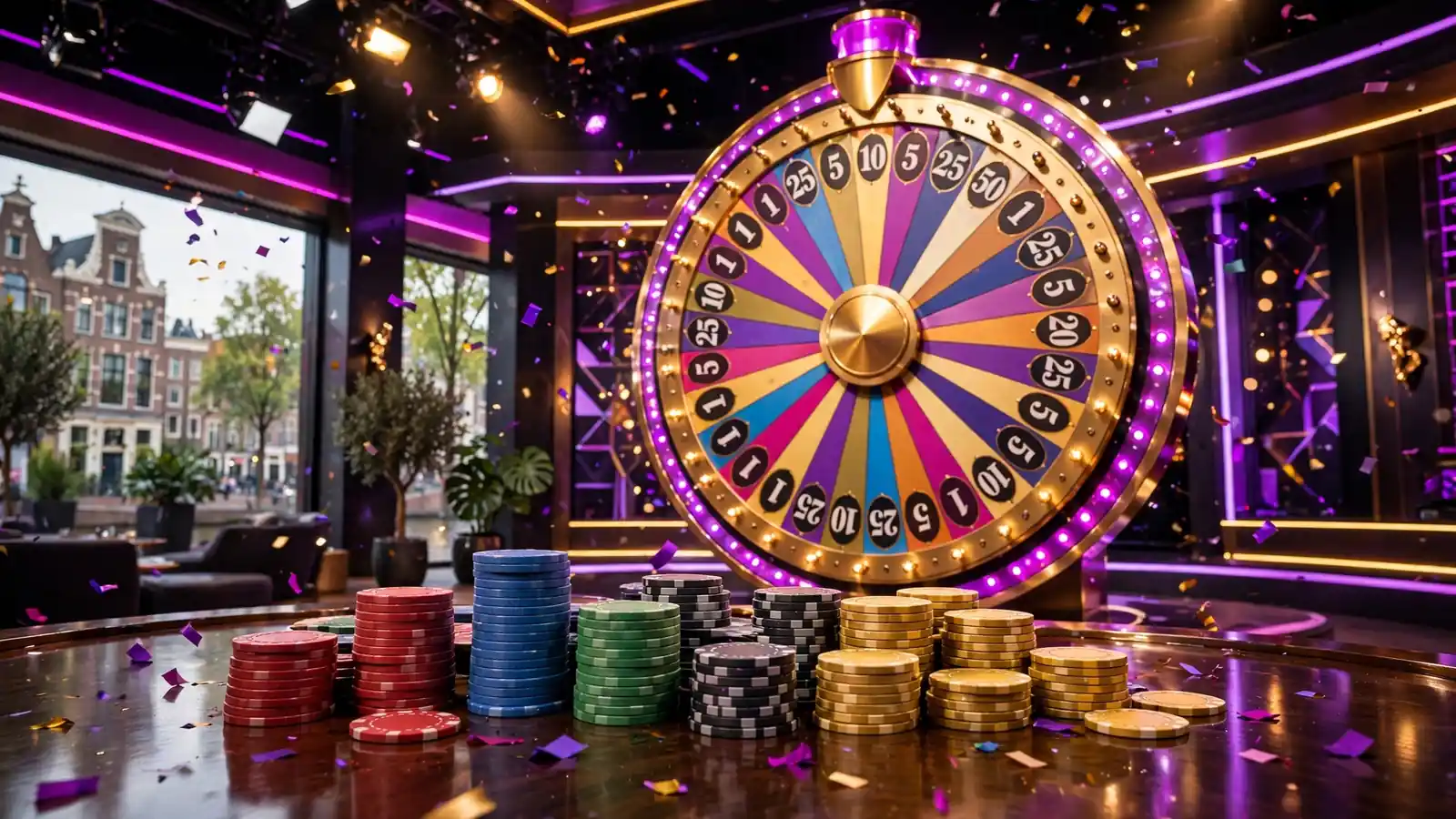 Kleurrijk draaiend casinospel rad in een levendige showstudio met stapels fiches
