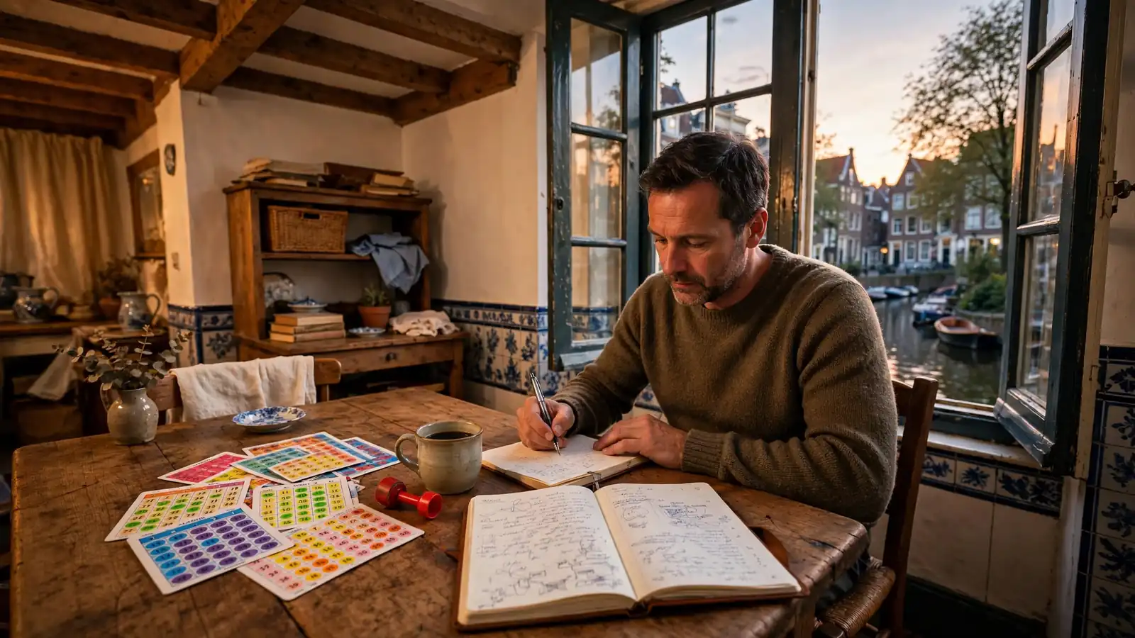 Sfeervol Nederlands interieur met bingokaarten, koffie en notitieboek op tafel