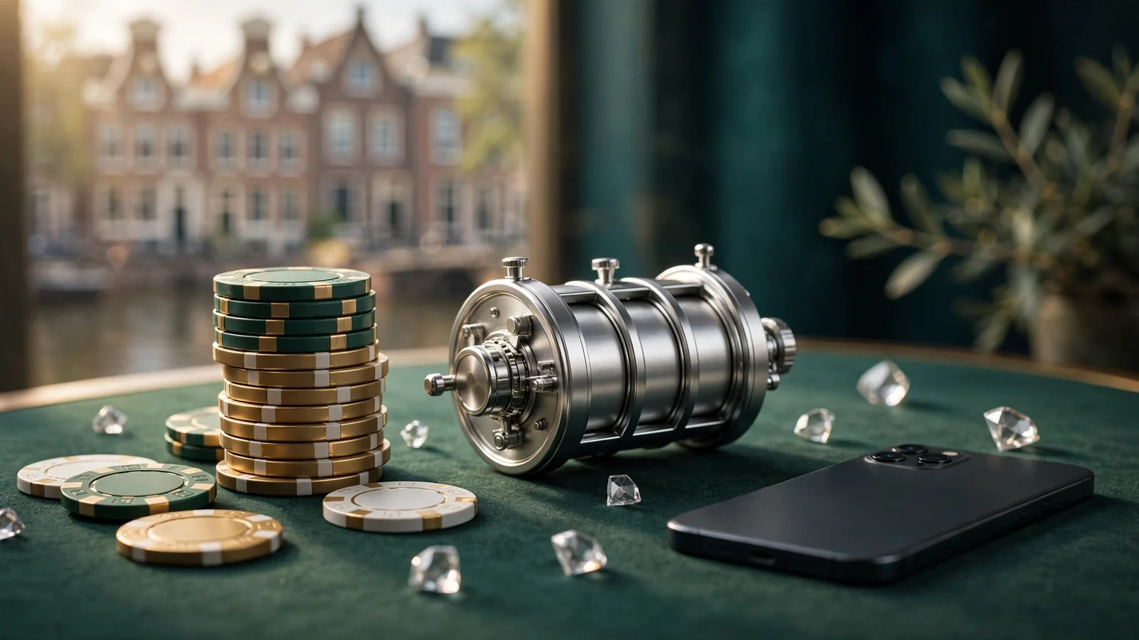 Casino chips, draaikrans en verborgen telefoon op groen vilt