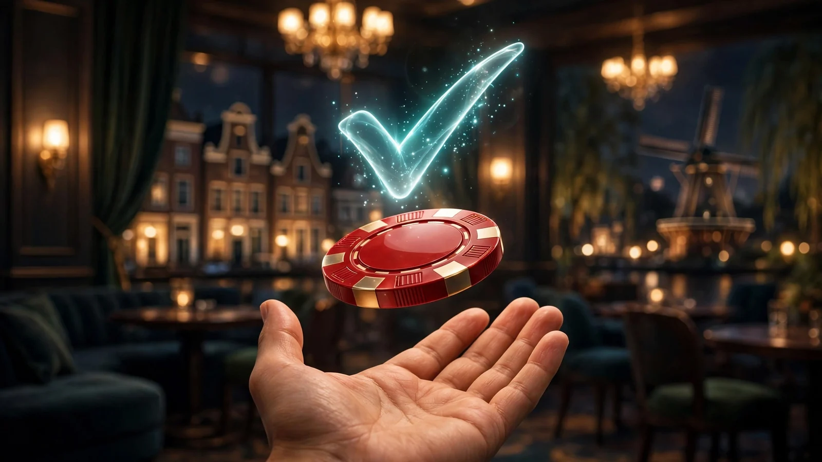 Rode casinochip met een transparant vinkje als bonus zonder wagering