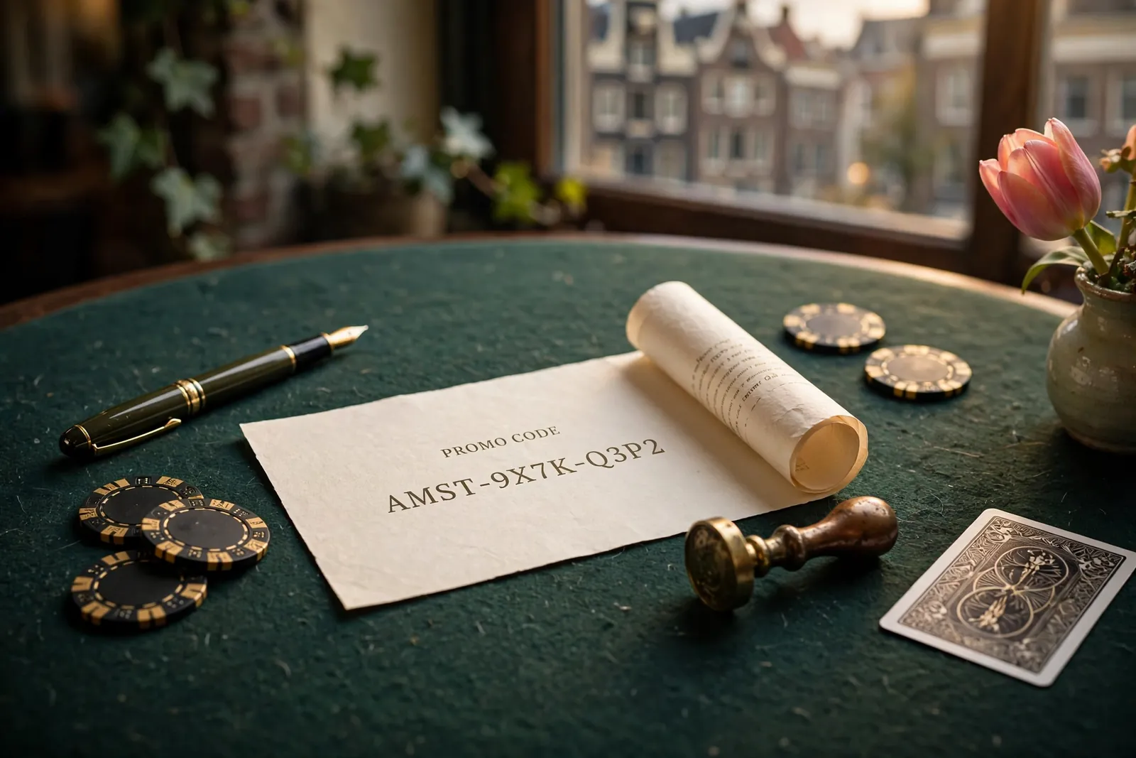 Promotiecode voucher op een casinotafel met chips en pen