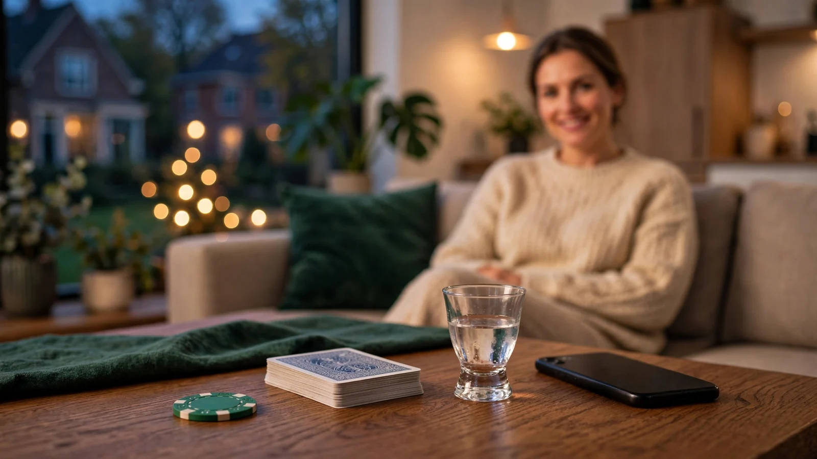 Sfeervol thuis tafereel met casinofiche op tafel