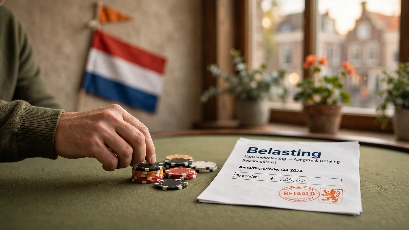 Nederlandse speler met casinofiches en belastingdocument