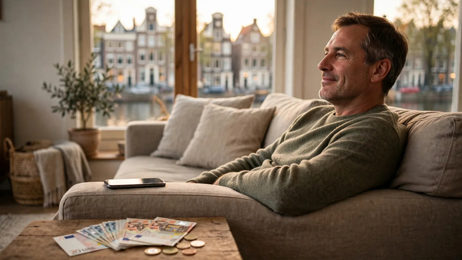 Ontspannen Nederlandse speler in moderne woning met eurobiljetten op tafel na uitbetaling