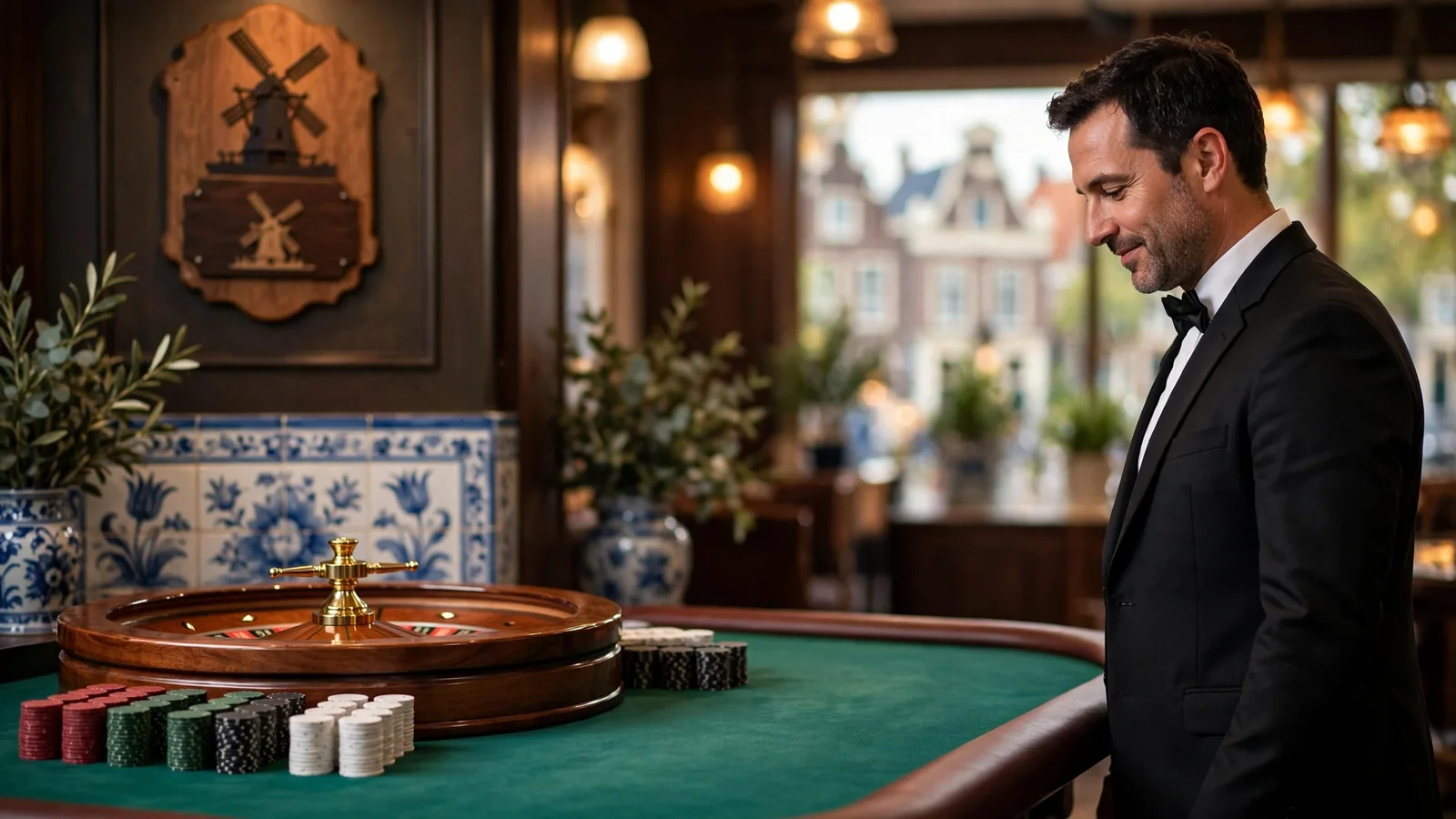 Live dealer casino studio met roulette en chips in Nederlandse sfeer