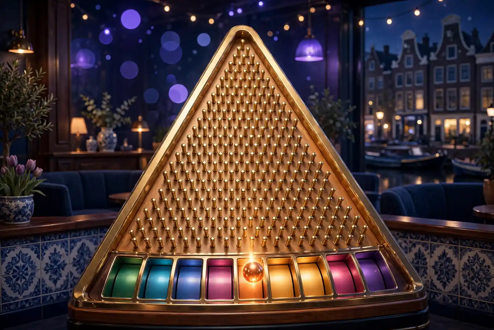 Plinko-bord met vallende bal richting vermenigvuldigingsvakken
